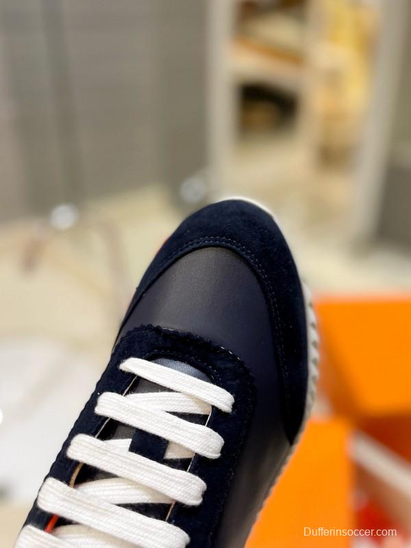 2024 Unisex Hermès Navy Red White Imported Glazed Calf Suede Rain Velvet Sneakers MJ00320