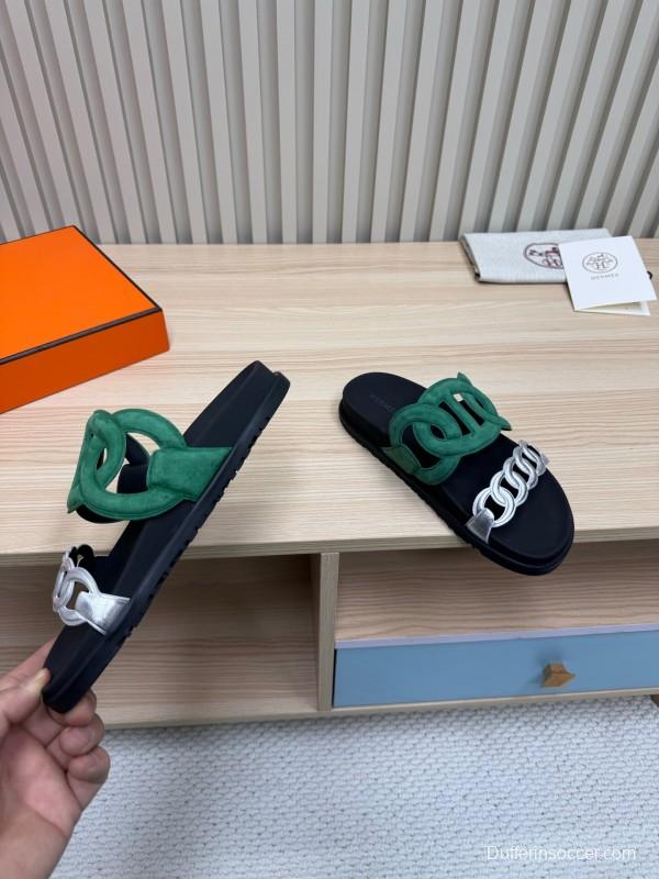2025 Slippers Hermès Green Black Suede Leather Slippers
