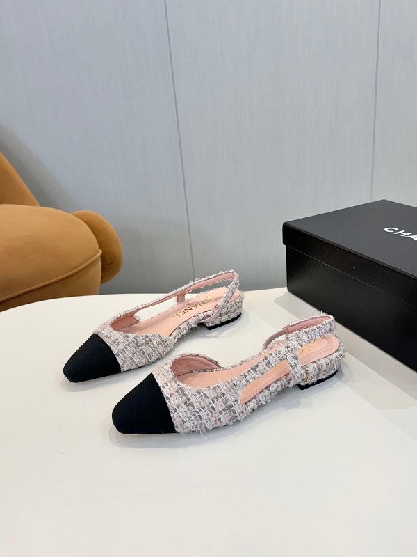 2025 Women Chanel Pink Black Mixed Leather Tweed Slingback Flats