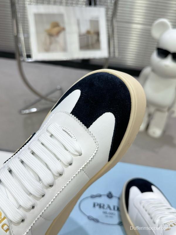 2025 Women Prada White Black Leather Suede Sneakers