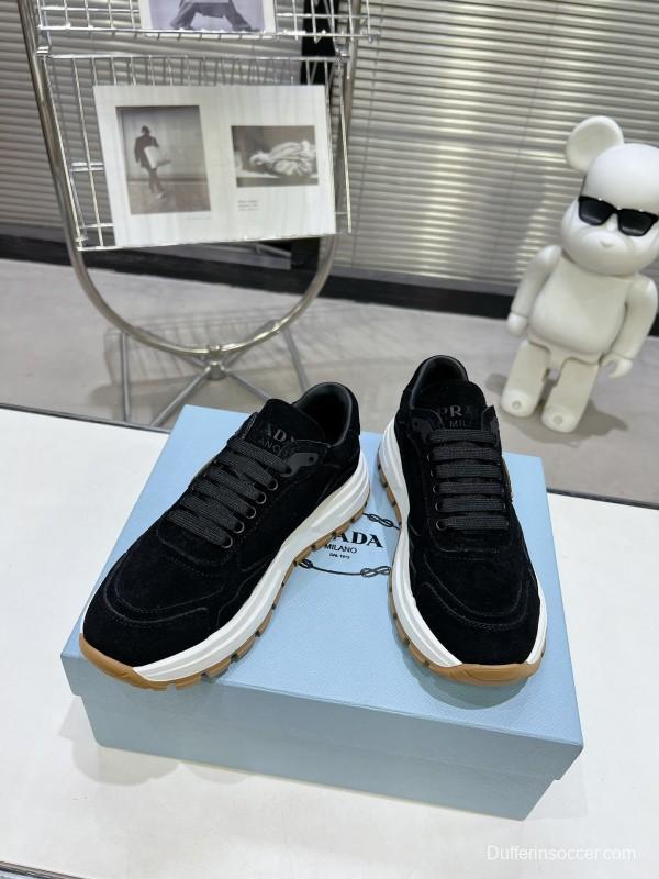 2025 Unisex Prada Black Suede Leather Sneakers KFY00310