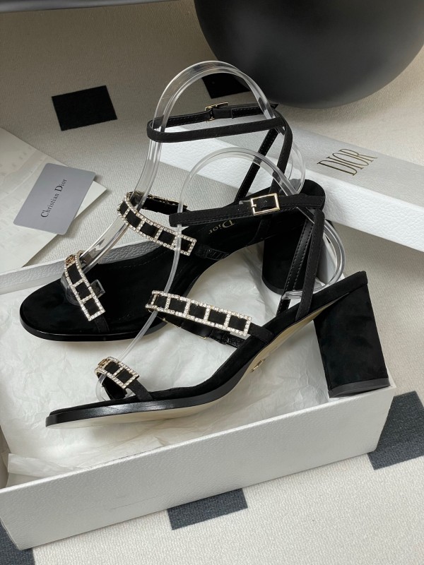 2025 Women Dior Black Suede Crystal Embellished Strap Sandals