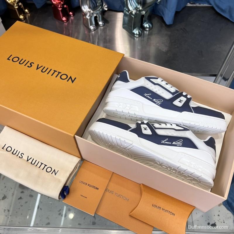 2025 Unisex Louis Vuitton White Navy Leather Trainer