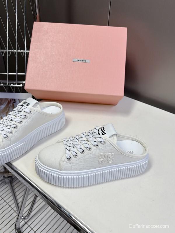 2025 Women Miu Miu White Canvas Sneakers