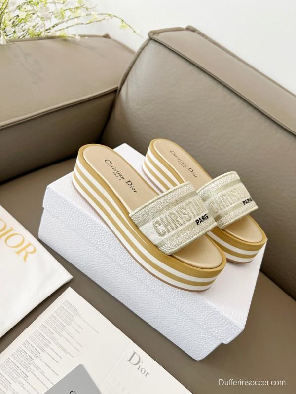 2025 Women Dior White Beige Canvas Platform Slippers