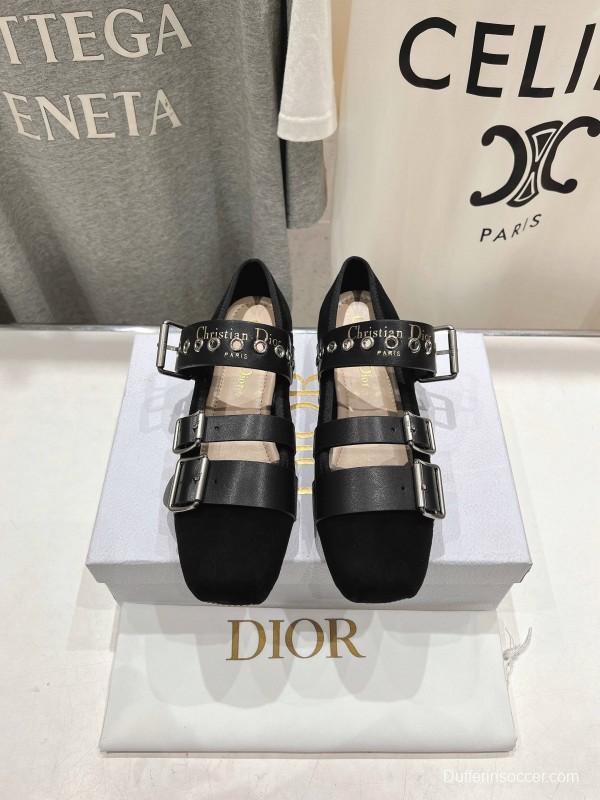 2025 Women Dior Black Leather Suede Mary Jane Buckle KFY00300