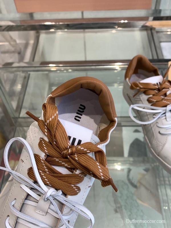 2025 Women Miu Miu White Brown Leather Sneakers LY00290