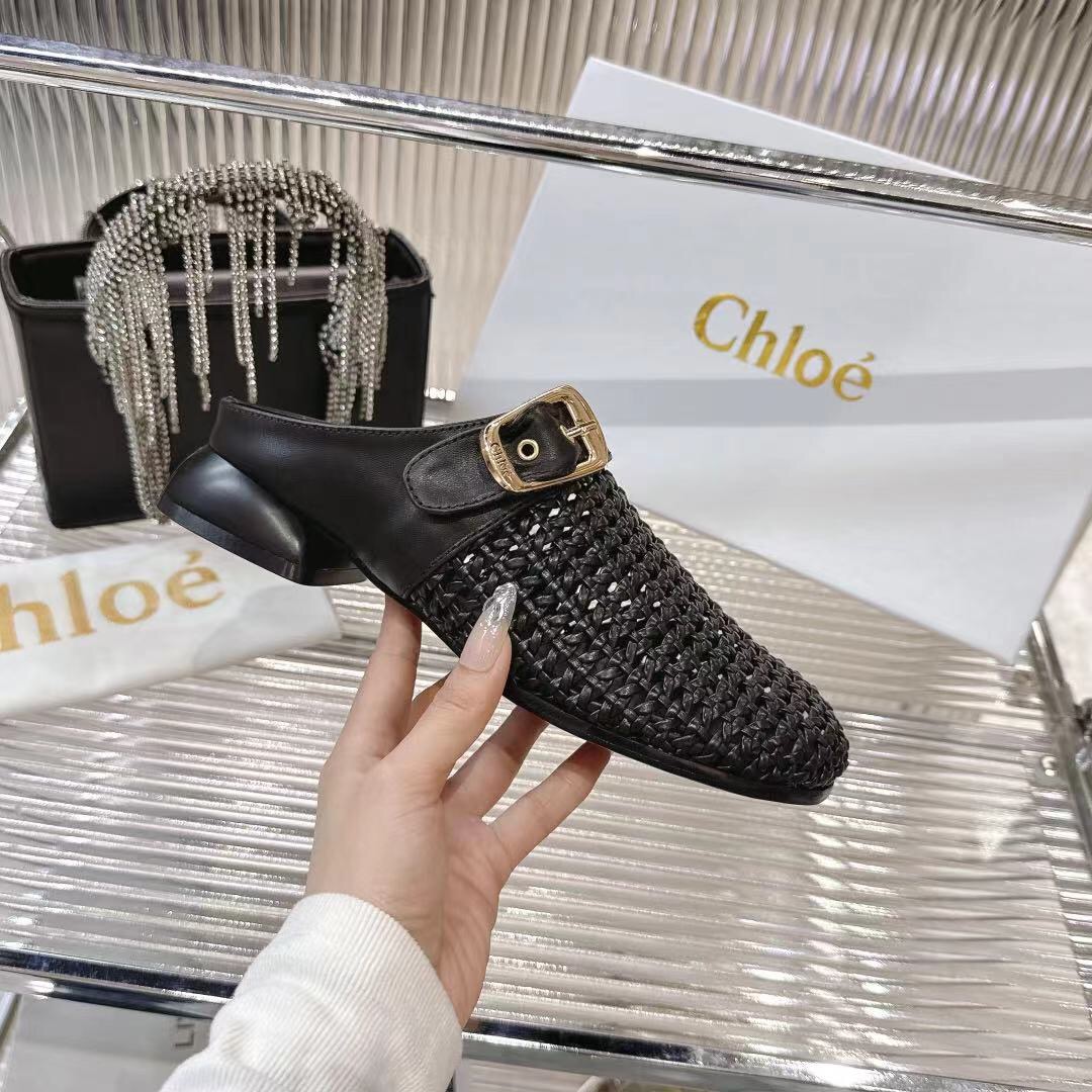 2025 Women Chloé Black Leather Woven Slippers