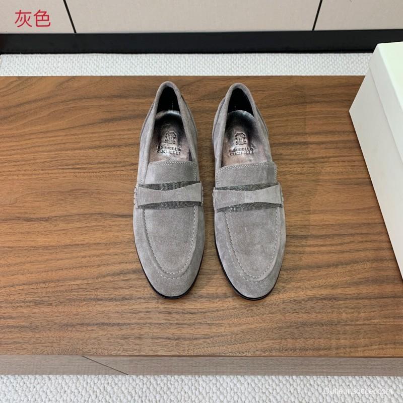 2025 Men Brunello Cucinelli Grey Suede Loafers Handcrafted Leather Sole KFY00300(M)