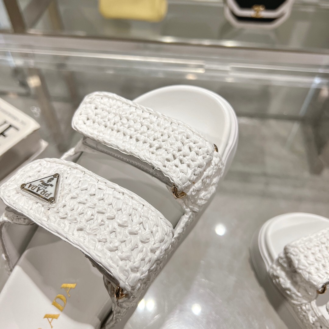 2025 Women Prada White Knit Leather Slippers