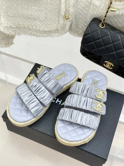 2025 Women Chanel Silver Leather Slippers KFY00230