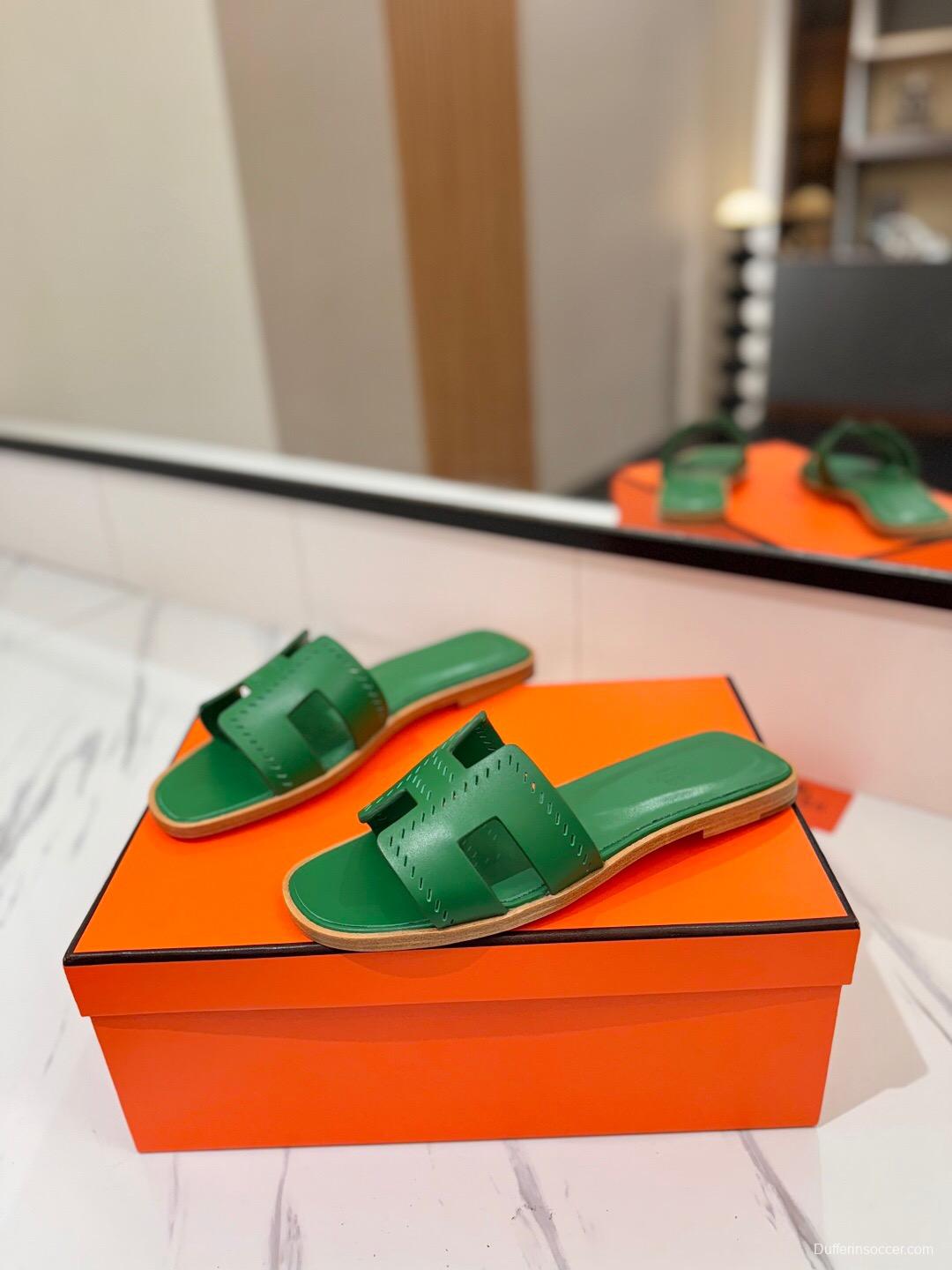2025 Women Hermès Green Leather Slippers