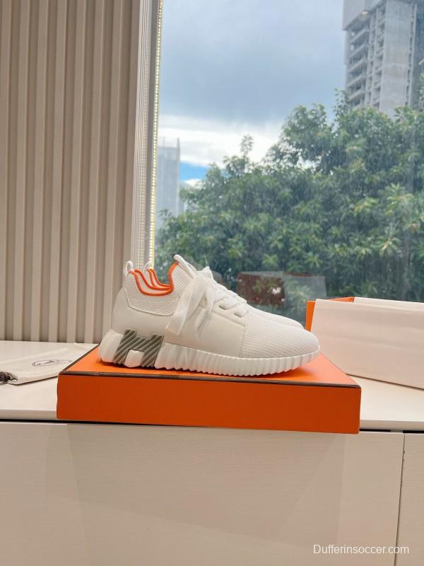 2024 Unisex Hermès white orange knit leather sneakers