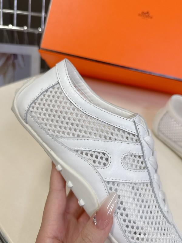 2025 Women Hermès White Leather Mesh Sneakers KFY00250