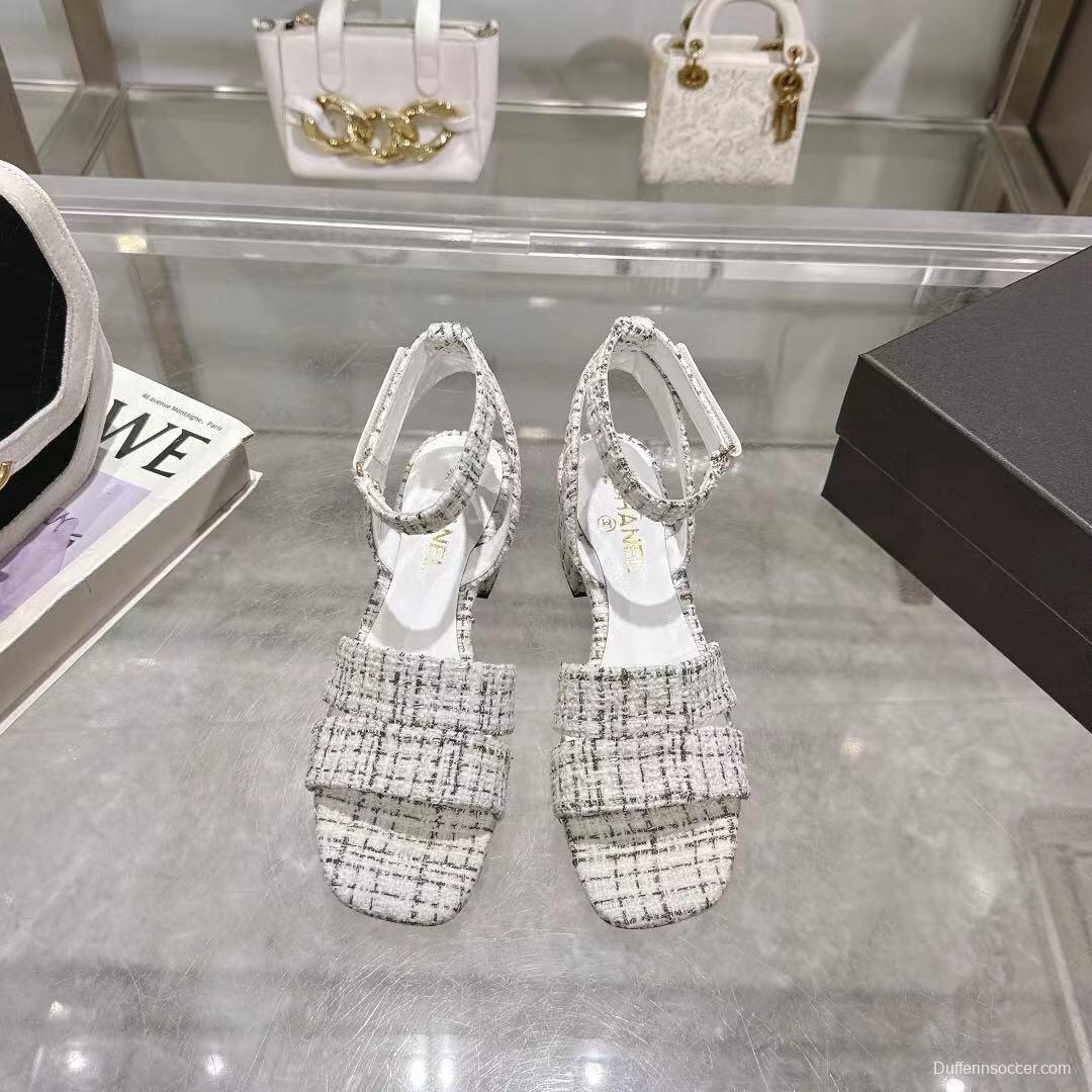 2025 Women Chanel White Black Tweed Leather Sandals LY00280