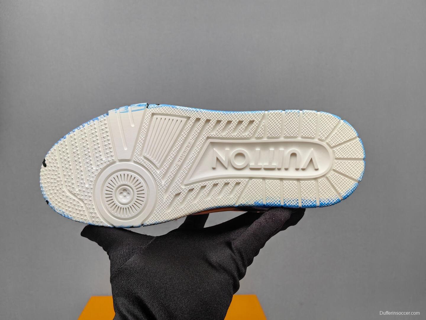 2025 Unisex Louis Vuitton Pink Blue Leather Canvas Plimsolls Hand Painted KFY00620