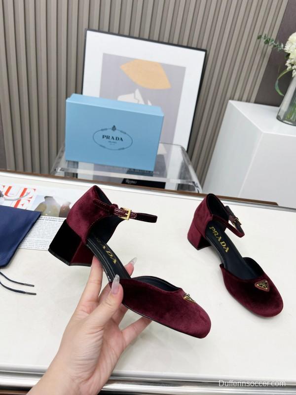 2025 Women Prada Burgundy Velvet Mary Jane Heel LY00270