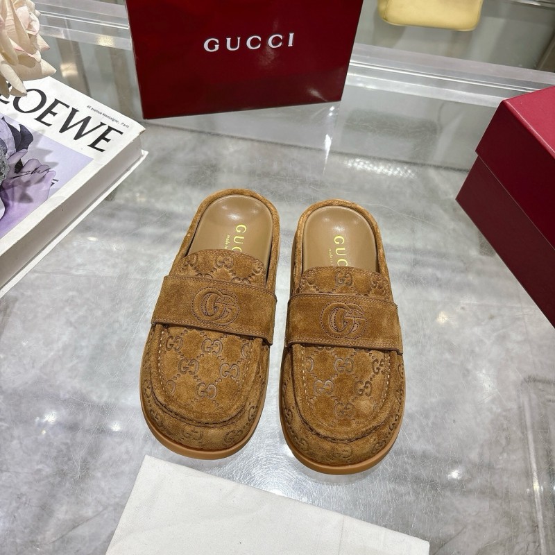 2025 Women Gucci Dark Brown Suede Loafers Embossed GG LY00270