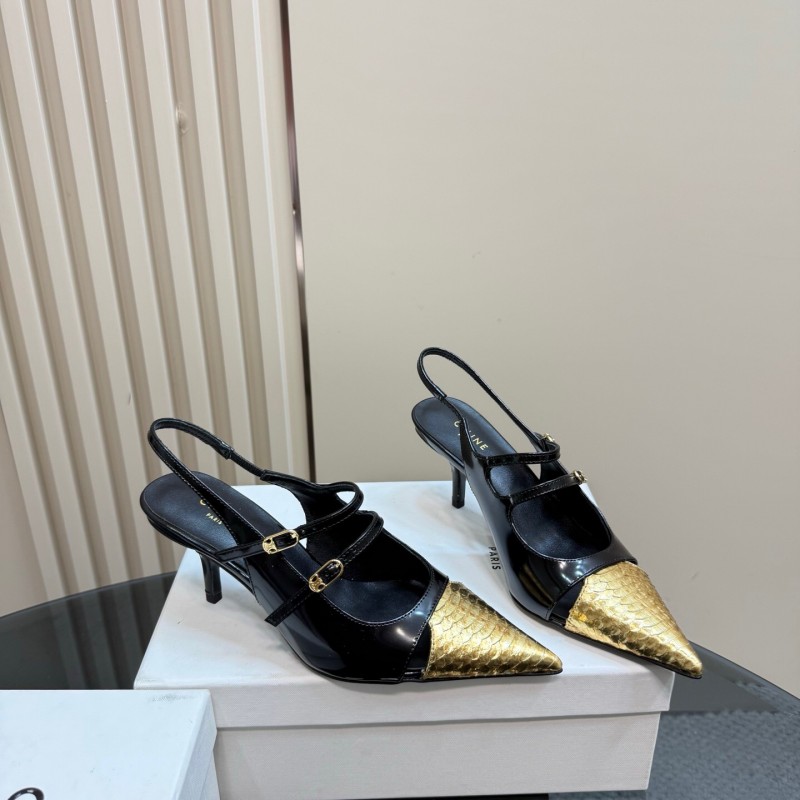 2025 Women CELIN* Black Gold Leather Pointed Toe Slingback Heels