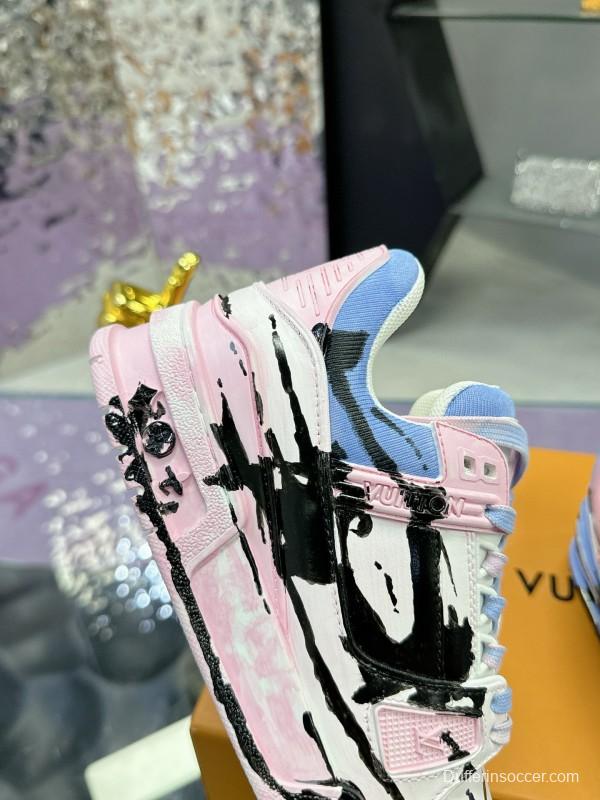 2024 Unisex Louis Vuitton Pink Blue Black Leather Denim Plimsolls Hand-Painted MJ00780