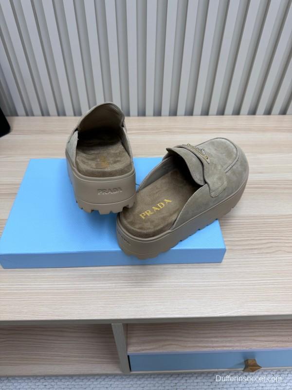 2025 Women Prada Khaki Suede Platform Loafers
