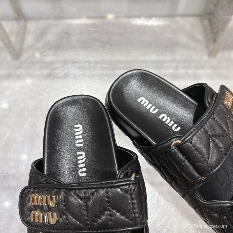 2025 Women Miu Miu Black Leather Slide Sandals
