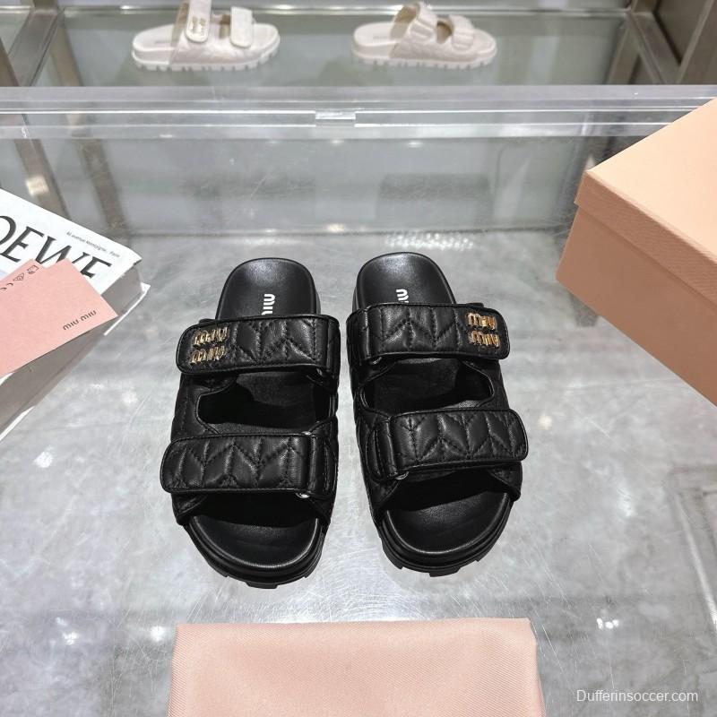 2025 Women Miu Miu Black Leather Slide Sandals