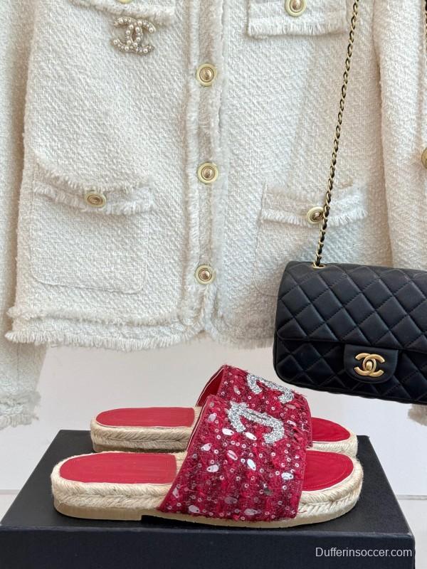 2025 Women Chanel Red Sequin Espadrille Slides Classic Craftsmanship KFY00240(F)