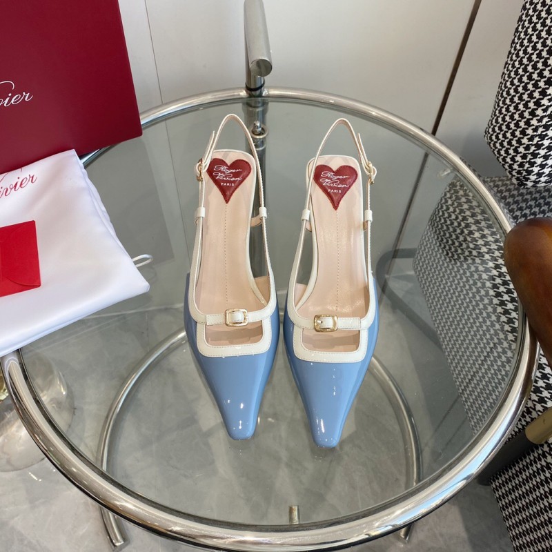 2025 Women Roger Vivier Blue White Patent Leather Slingback Pumps KFY00340
