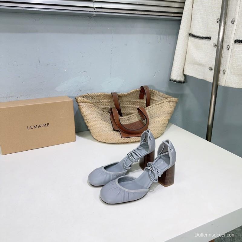 2025 Women LEMAIRE Grey Leather Mary Jane Block Heel KFY00300