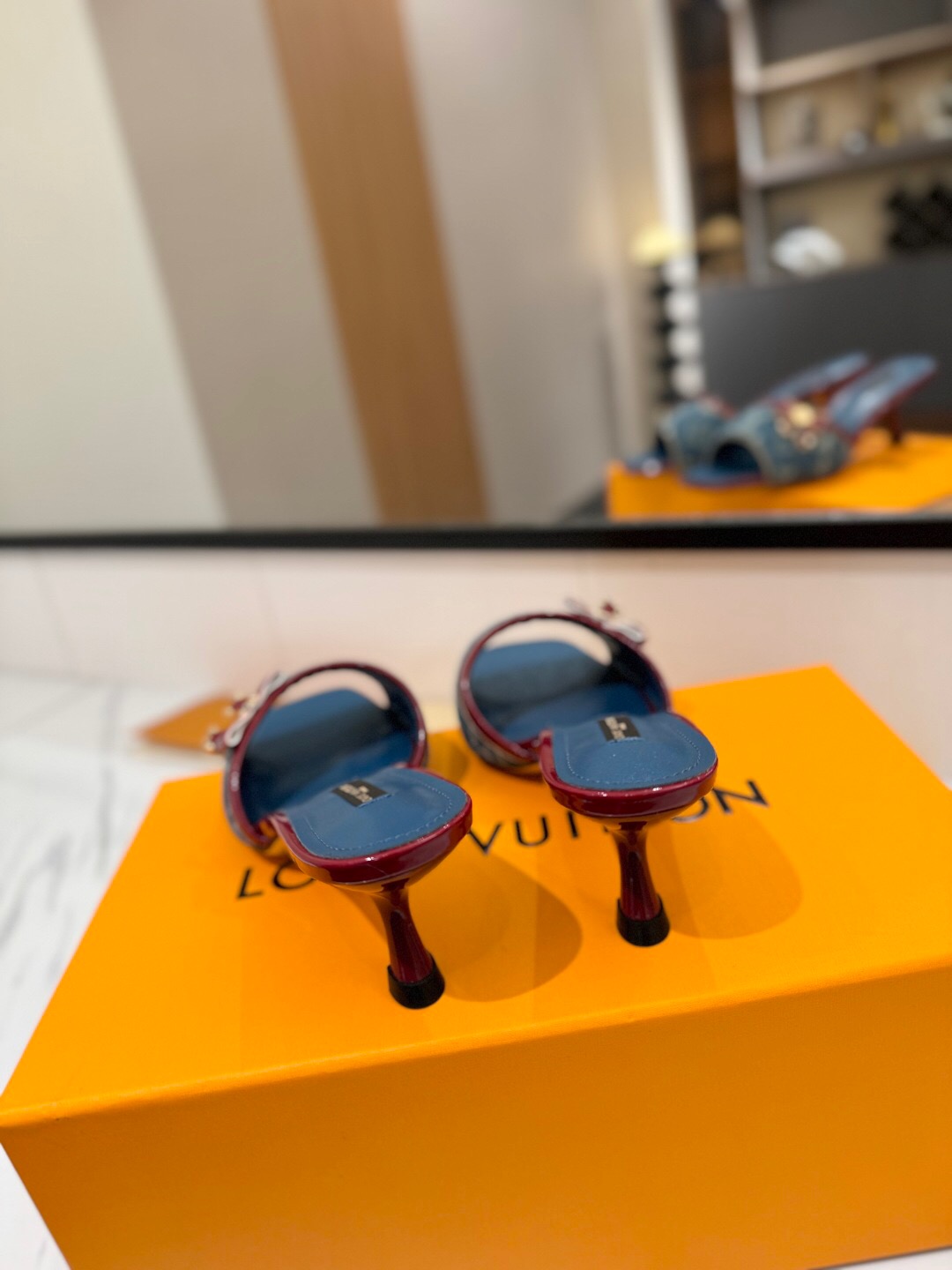 2025 Women Louis Vuitton Blue Denim Leather Mules