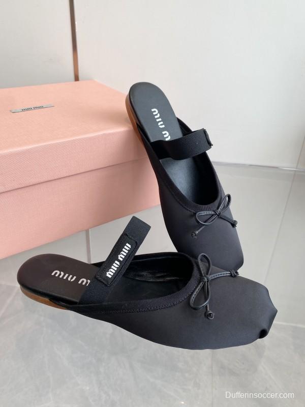 2025 Women Miu Miu Black Nylon Ballet Flats LY00380