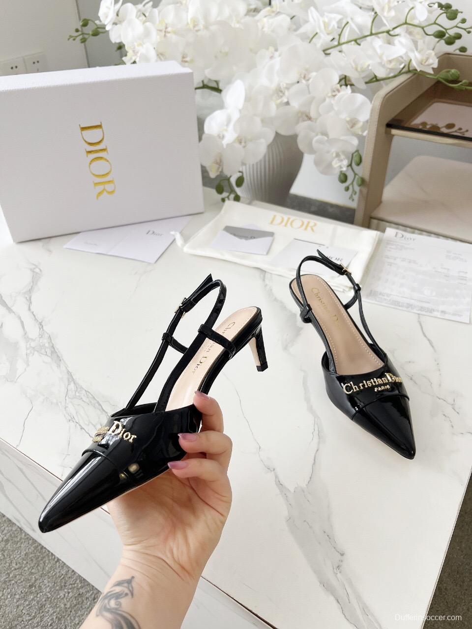 2025 Women Dior Black Patent Leather Slingback Heels KFY00310