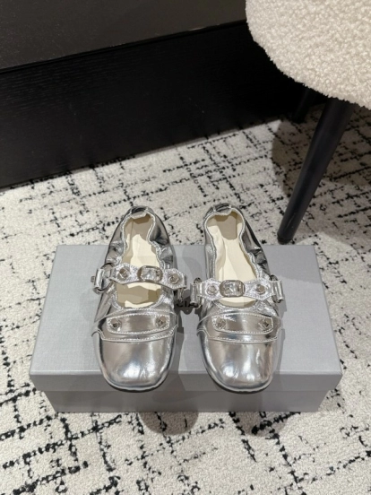 2025 Women BALENCIAGA Silver Leather Ballet Flats Metal Buckle KFY00300