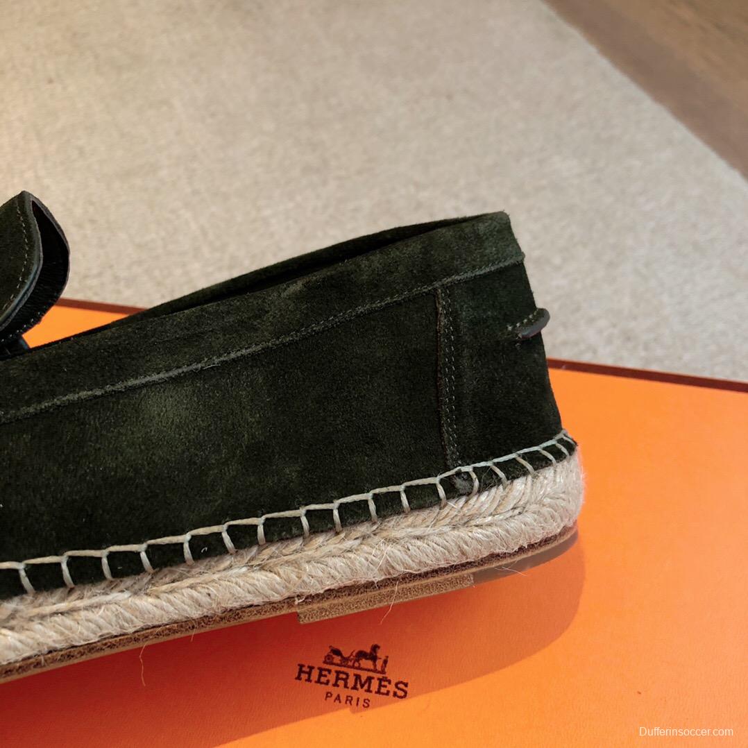 2025 Unisex Hermès Dark Green Suede Leather Loafers AS00380