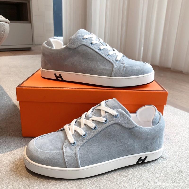 2025 Unisex Hermès Blue Grey Suede Leather Sneakers AS00380