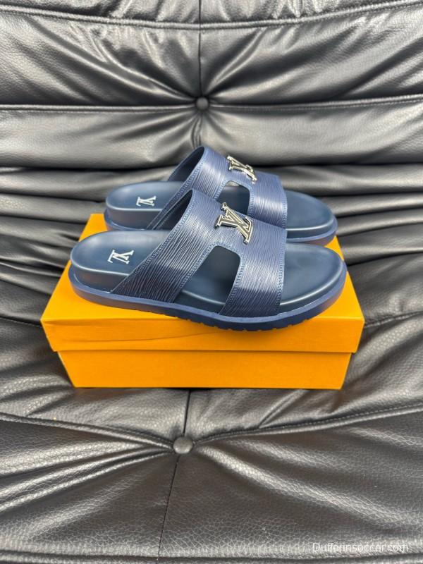 2025 Men Louis Vuitton Blue Leather Slippers AS00170