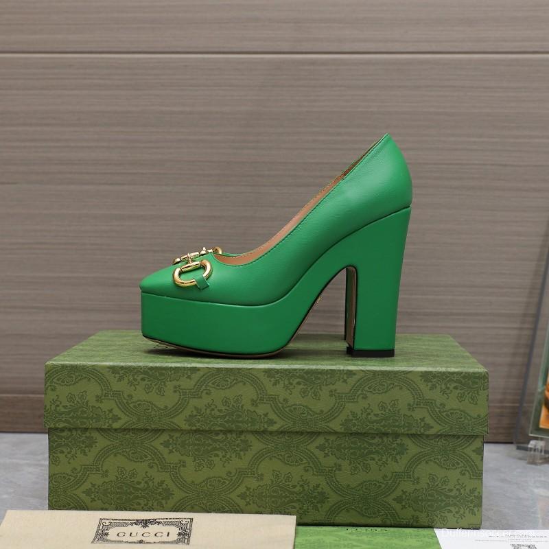 2025 Women Gucci Green Leather Platform Pumps KFY00320