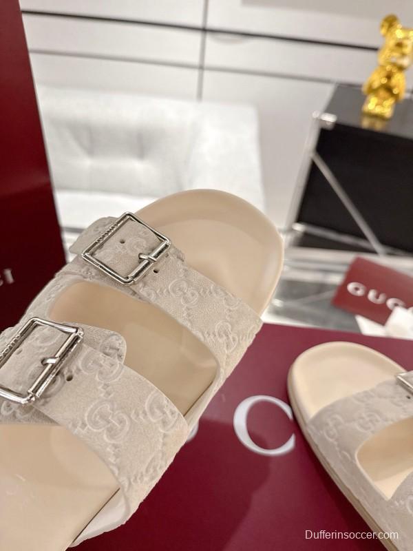 2025 Women Gucci White Leather Slippers Double G Embossed AS00240