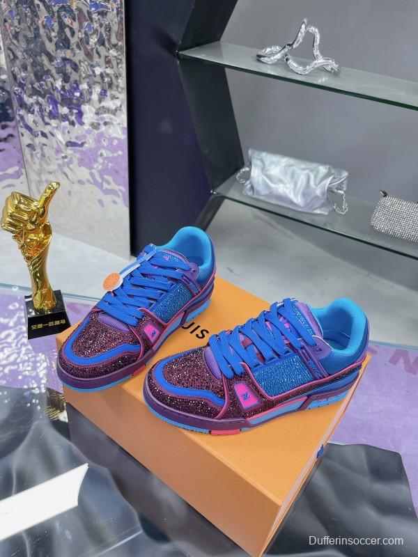 2025 Women Louis Vuitton Blue Purple Leather Fabric Plimsolls Handcrafted Rhinestones AS00400