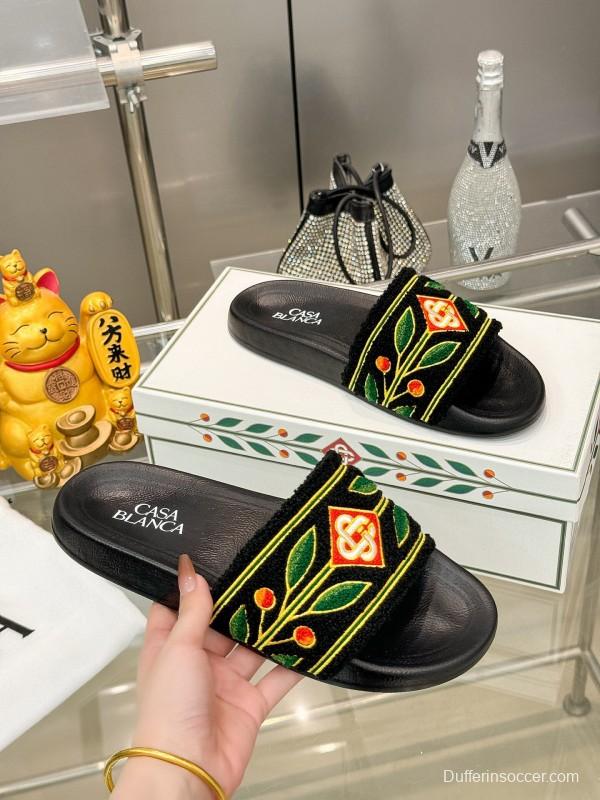 2025 Men CASA BLANCA Black Green Red Embroidered Leather Slippers Embroidery KFY00160