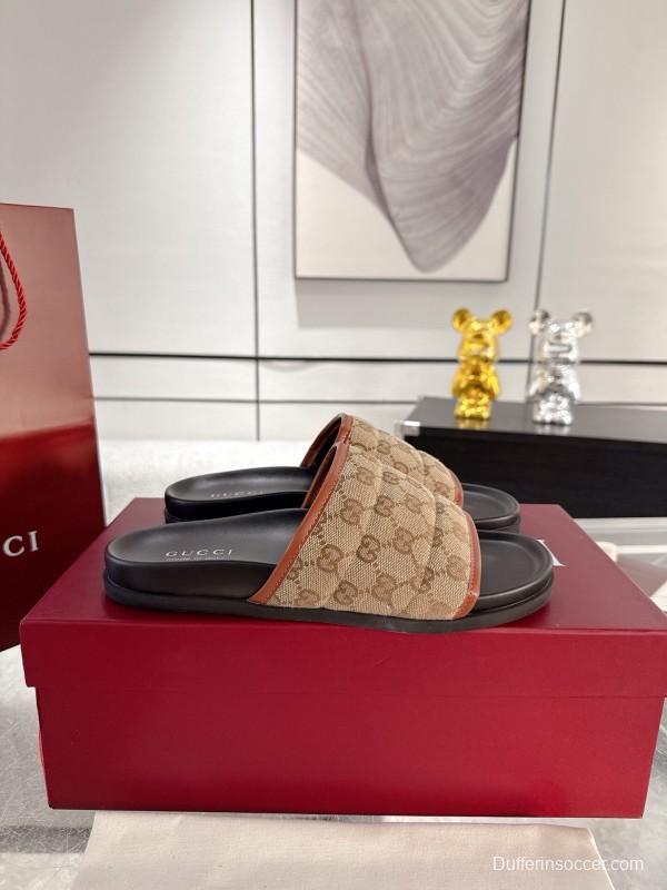 2025 Unisex Gucci Beige Brown Canvas Leather Slippers GG Embossed AS00240