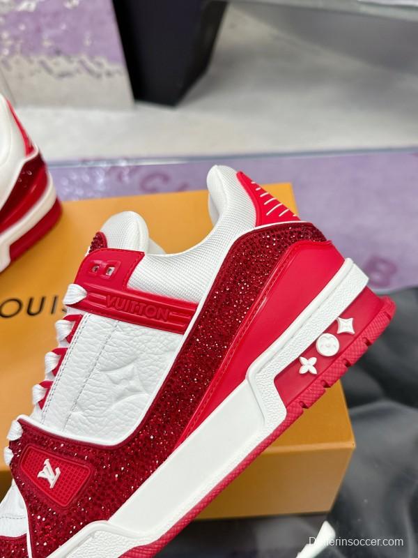 2025 Unisex Louis Vuitton Red White Leather Fabric Plimsolls Handmade Rhinestone AS00400