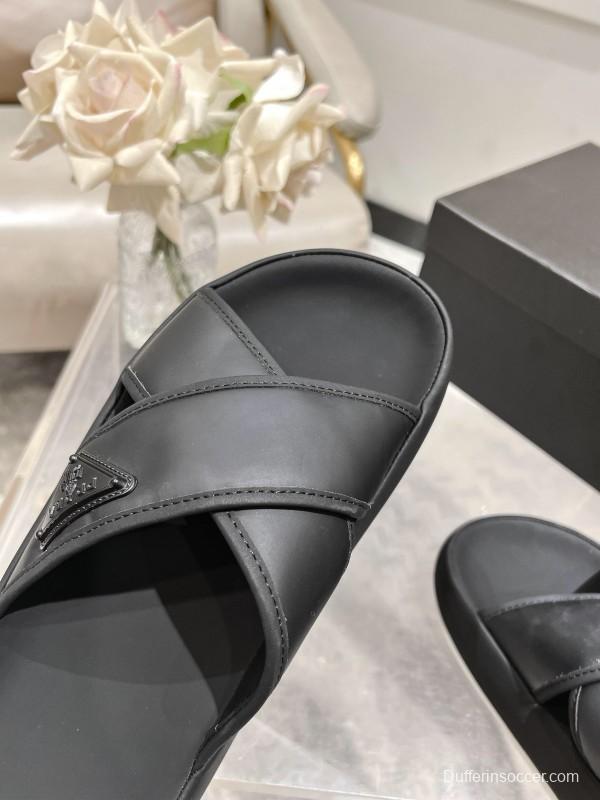 2025 Men Prada Black Leather Sandals KFY00220