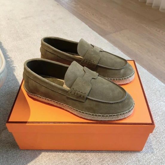 2025 Unisex Hermès Olive Suede Calfskin Loafers AS00380