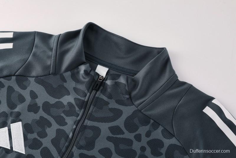 2025 Adidas Dark Grey & Black with Leopard Print Pattern and Orange Accents Half Zipper Jacket +Long Pants