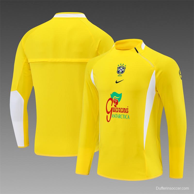 2002 Brazil Yellow Half Zipper Jacket+Long Pants