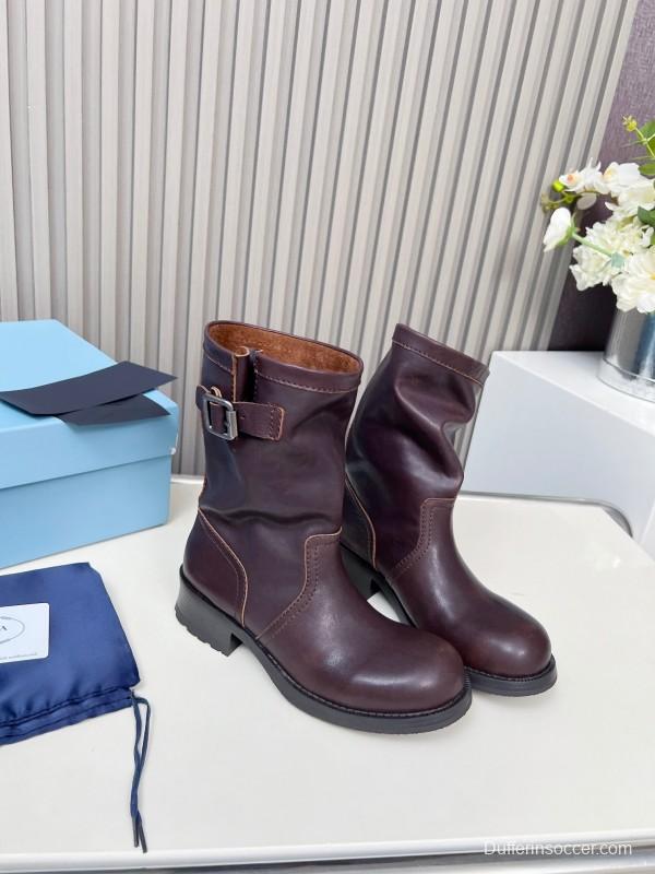Prada 2025 SS Retro Martin Boots Motorcycle Boots - LY00350