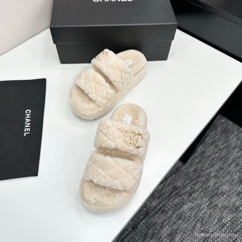 Chanel 2025 SS New Autumn Winter Lazy Sheep Genuine Wool Lazy Slippers Chanel Quilted Thick Sole Fur Slides - LY00300