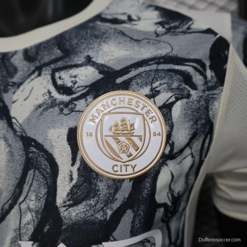 25/26 Player Version Manchester City White with Black Marble Abstract Art Pattern Jersey